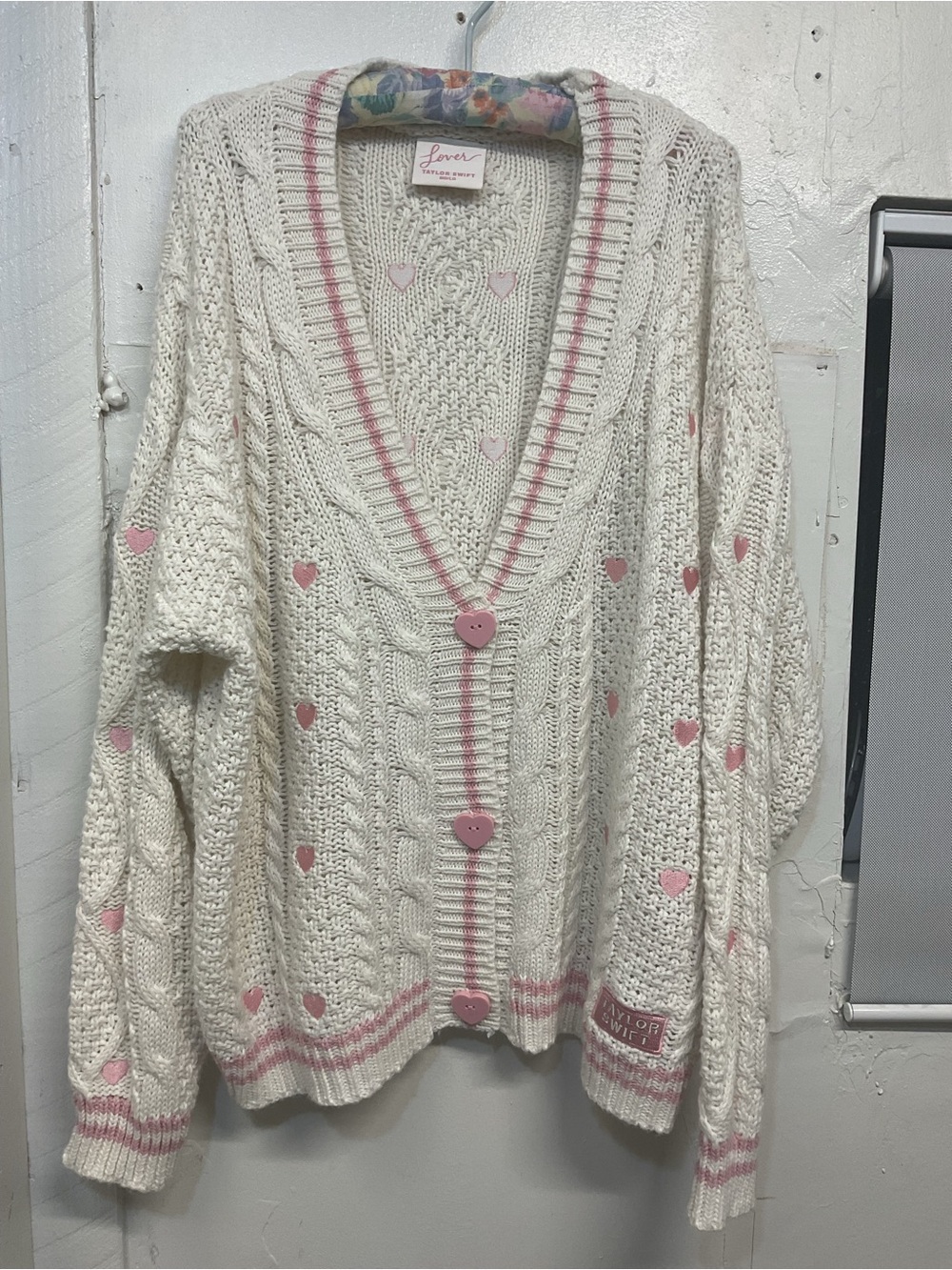 Taylor Swift Cream Cardigan with Pink Heart Buttons and Trim size MD-LG